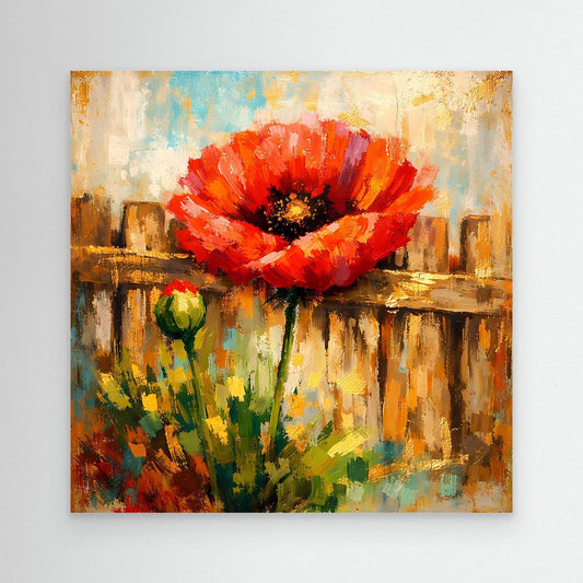 Leinwandbild mit abstrakter roter Mohnblume und grünem Stiel, ungerahmt
