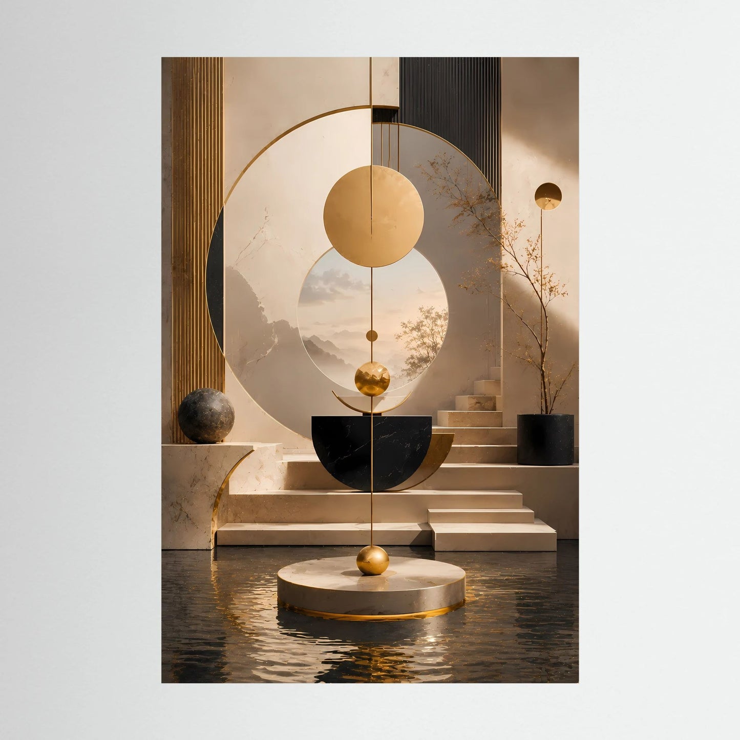 Abstraktes Geometrie-Poster im Hochformat mit Creme-, Schwarz- und Goldtönen