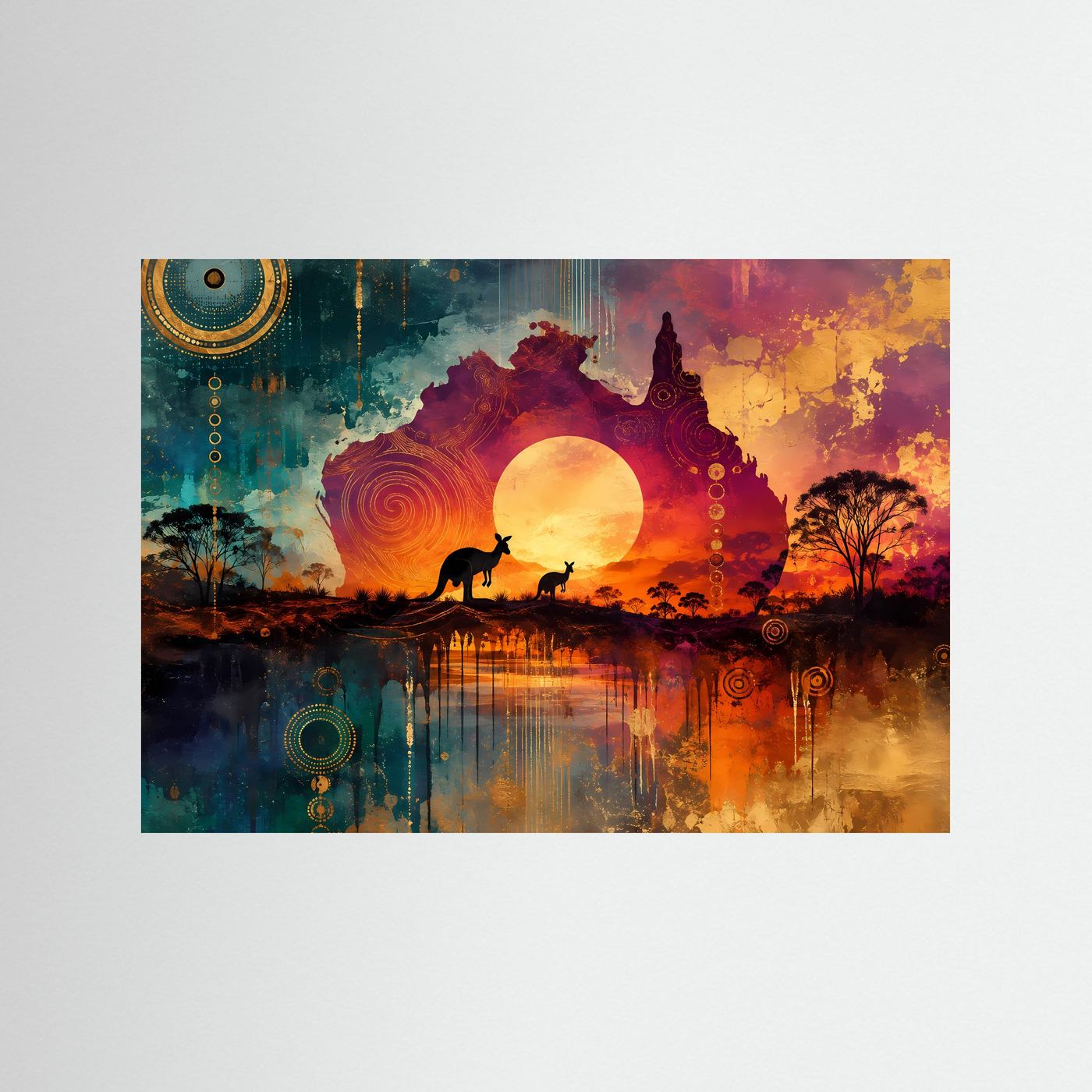 Australien Poster | Aborigines Kunst Wandbild | Känguru Silhouette bei Sonnenuntergang | Outback Landschaft | Moderne Fine Art