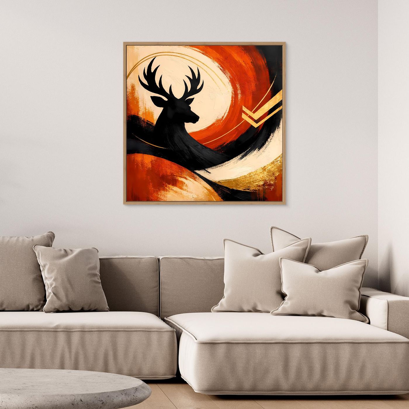 Leinwandbild mit Hirschsilhouette, orangefarbenem Mond, goldenen Linien, Holzrahmen