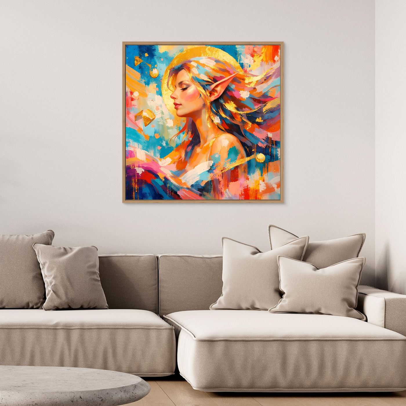 Leinwandbild mit abstrakter Elfe im Profil, bunte Fantasy-Farben, mit braunem Rahmen