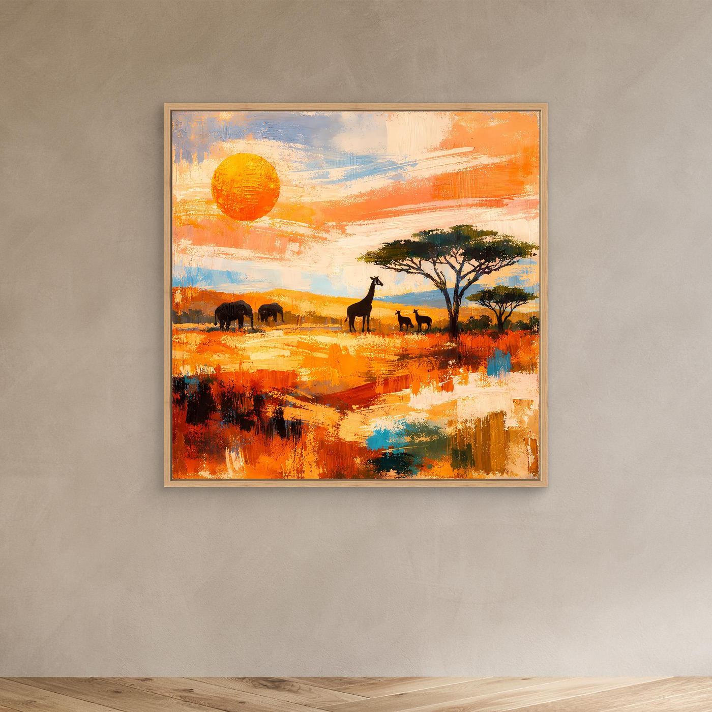 Quadratisches abstraktes Leinwandbild Savanne mit Eichenholzrahmen, Sonne, Baum, Tiere