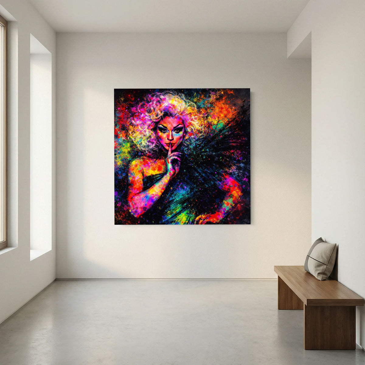 Keilrahmen-Leinwandbild mit Pop-Art-Drag-Queen-Porträt auf Keilrahmen, buntes Farbwirbelmuster