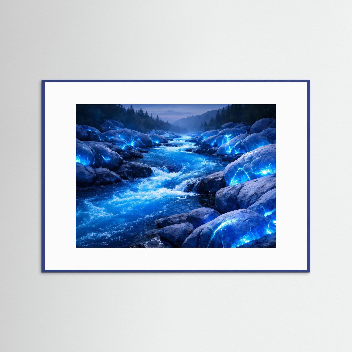 Gerahmtes Poster mit blau leuchtendem Flusslauf und Felsbrocken, blauer Rahmen