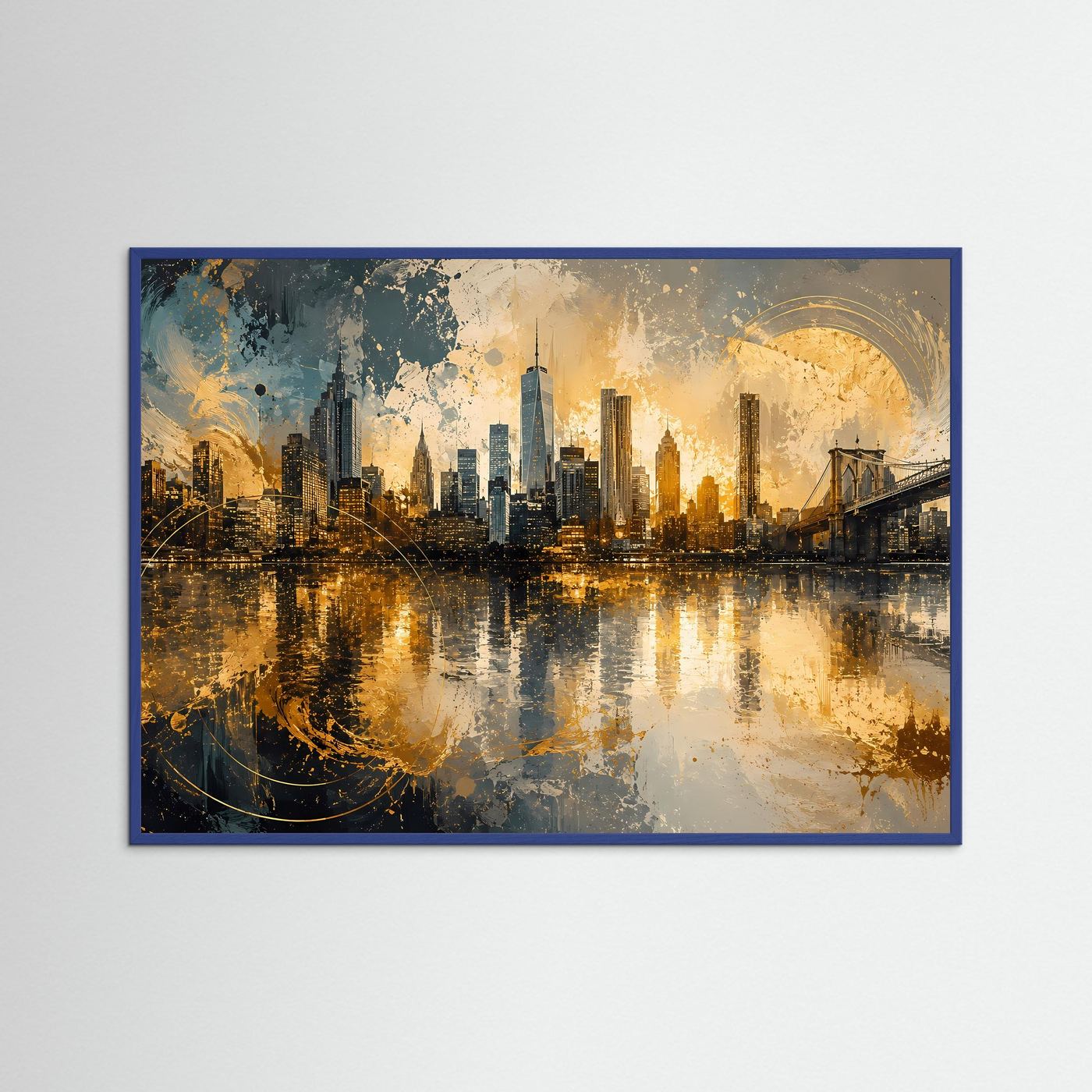 New York Skyline in Gold Poster | Abstrakte Manhattan Kunst mit Brooklyn Bridge Modernes Wandbild Querformat