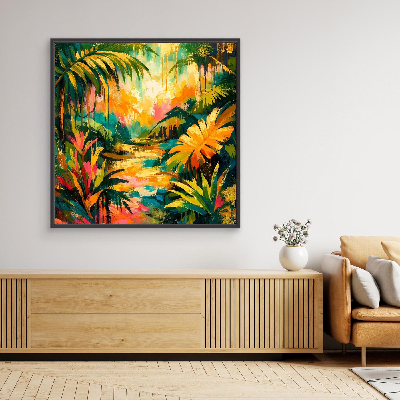 Schwarz gerahmtes Leinwandbild Dschungel-Illustration mit bunten tropischen Blättern