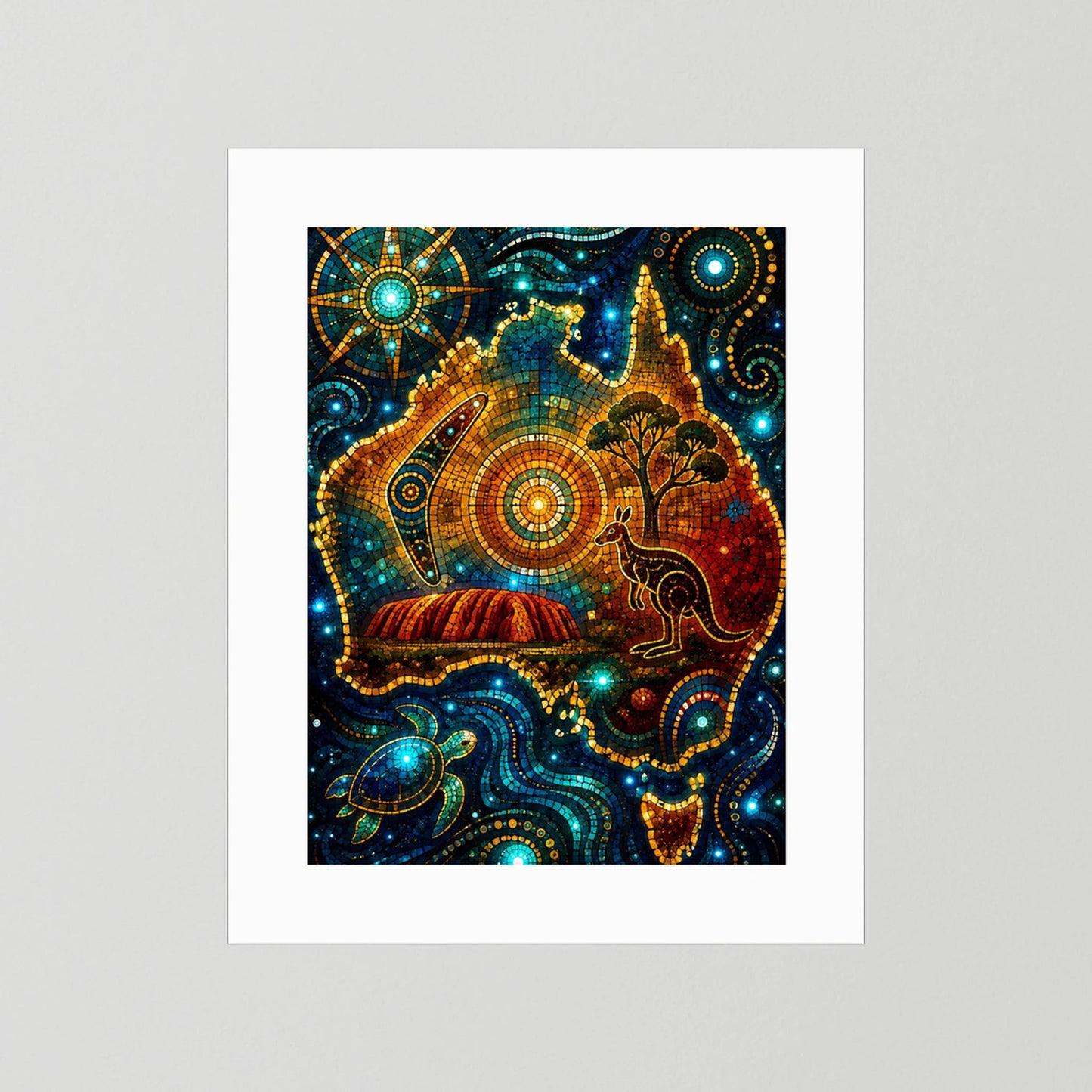 Hochformat-Poster mit Mosaikmotiv: Känguru, Uluru und Meeresschildkröte, weißer Passepartout-Rand.