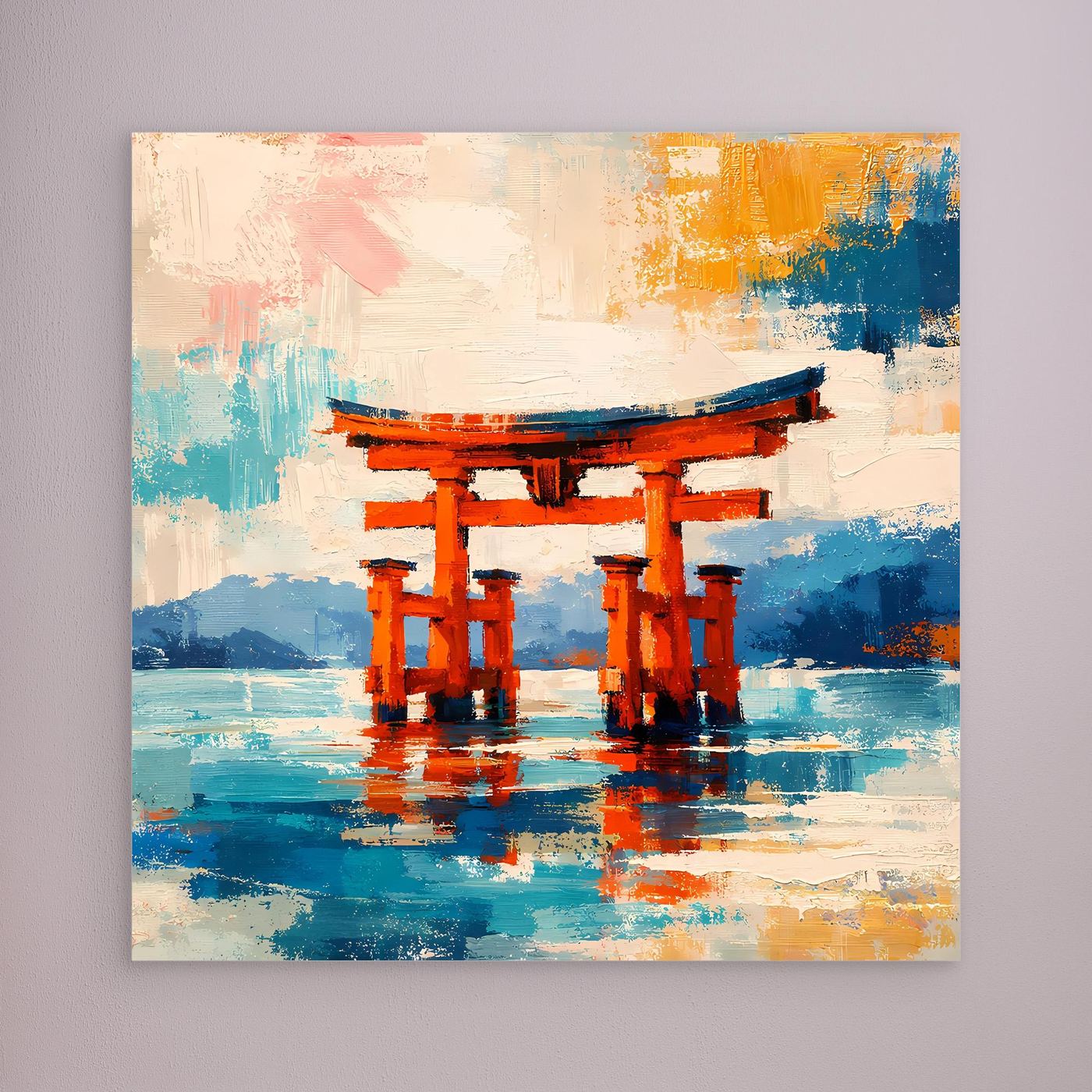 Leinwandbild Japanisches Torii-Tor im Meer | Abstraktes Kultur Wandbild auf echtem Holzkeilrahmen