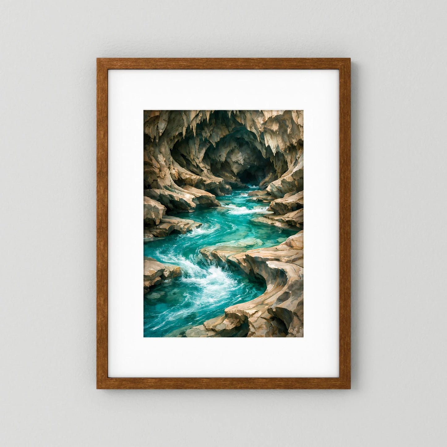 Kunstposter im Hochformat im braunen Holzrahmen: Felsenhöhle mit türkisfarbenem Fluss