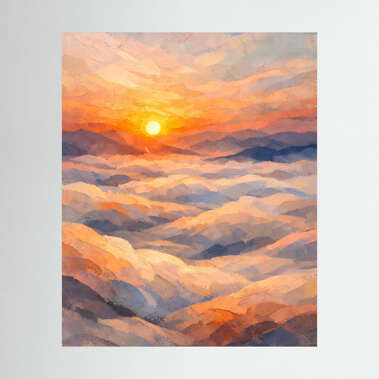 Hochformatiges Landschafts-Poster mit Sonnenuntergang über Wolken, pastellfarben
