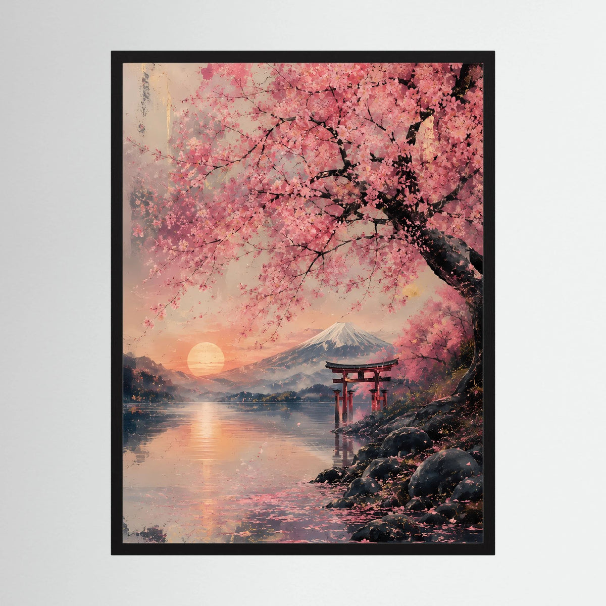 Hochformatiges Poster mit Kirschblütenbaum, Fuji und Torii, in schwarzem Rahmen