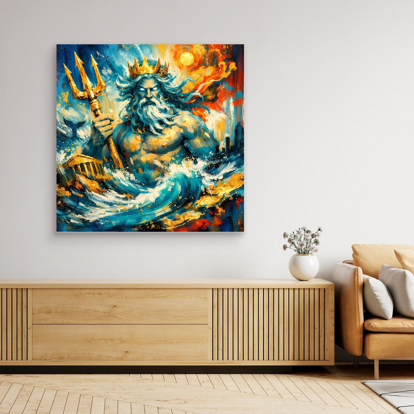 Leinwandbild mit Poseidon-Meerwesen im abstrakten Motiv, gerahmt, farbige Wellen