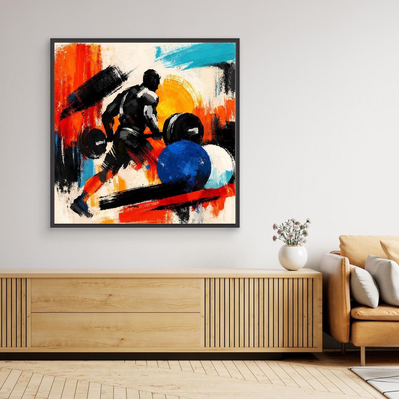 Framed canvas wall art of an abstract bodybuilder lifting a barbell, dark frame