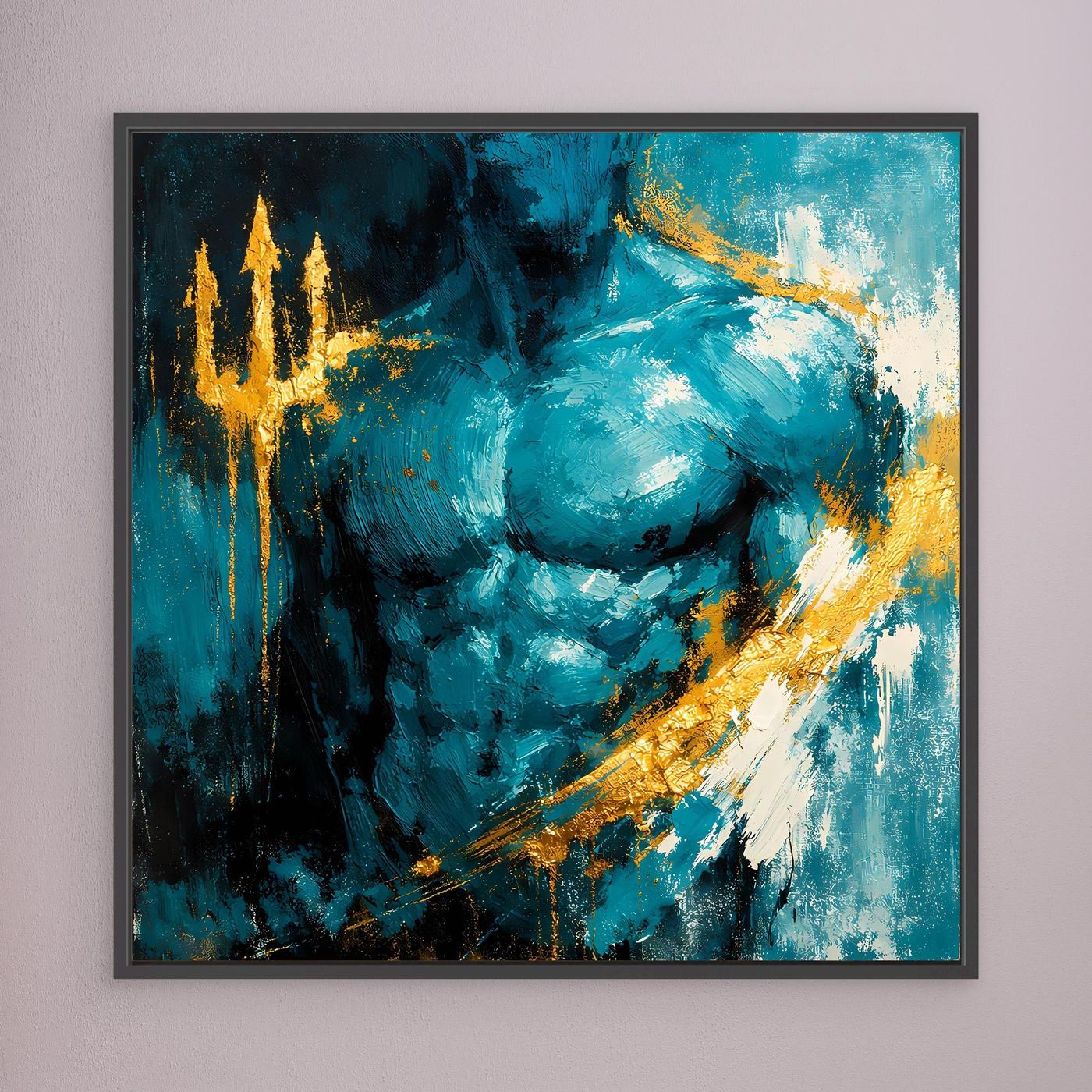 Leinwand Kraftvoller Poseidon in Türkis | Abstraktes Meeresgott Wandbild Gold