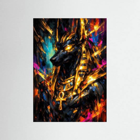 Hochformatiges Poster mit Anubis-Maske, goldenen Neon-Lichtlinien und Kreuz-Anhänger