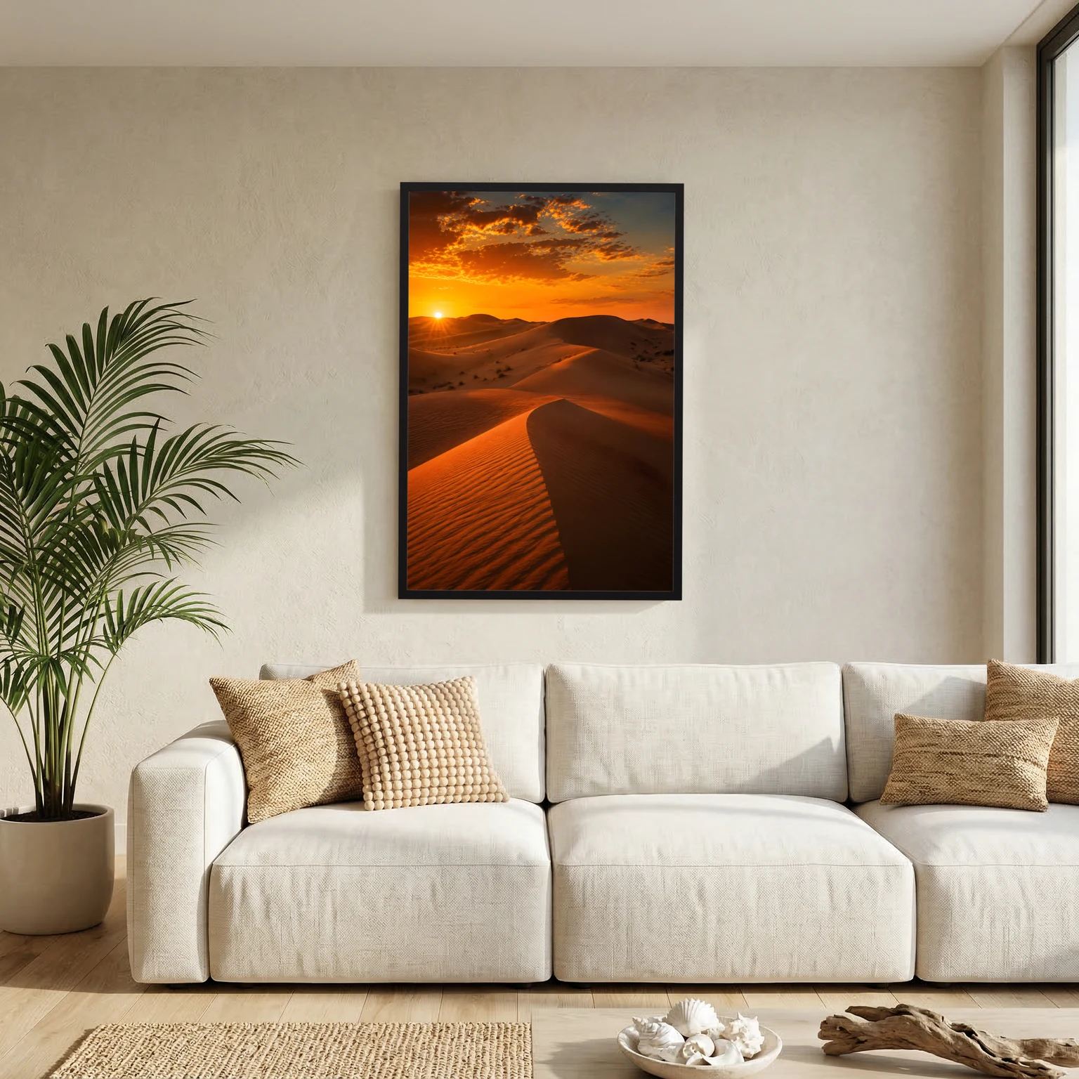 Wandposter mit Sanddünen bei Sonnenuntergang im schwarzen Rahmen, an Sofa-Wand.