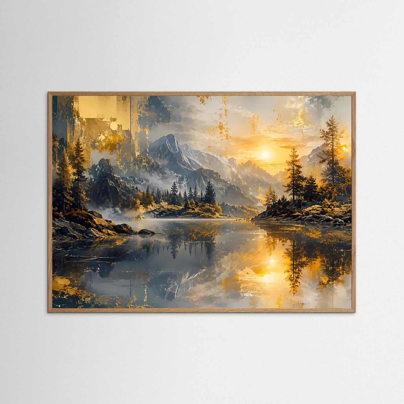 Querformat-Wandbild im hellen Holzrahmen mit Alpenpanorama und Sonnenuntergang