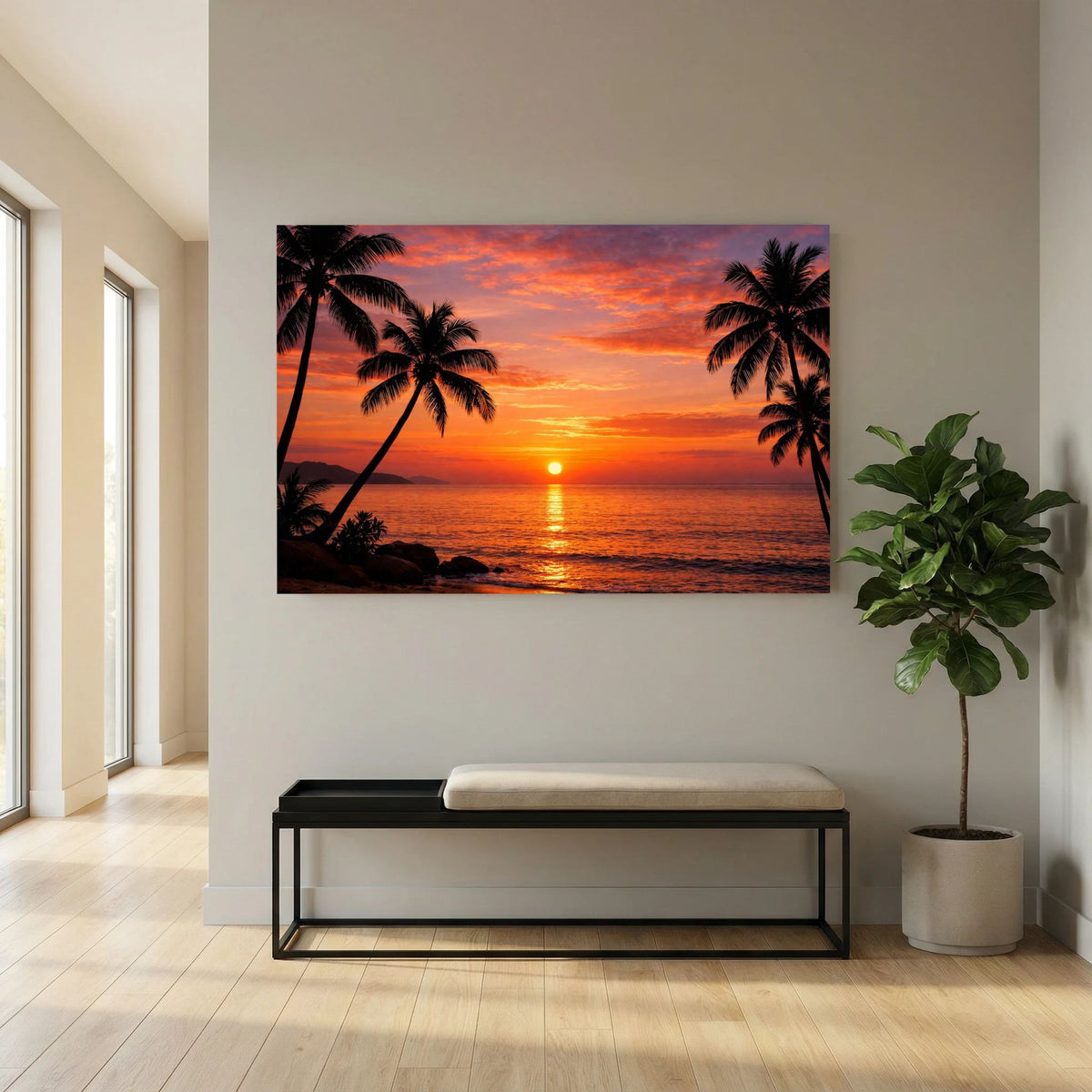 Wandbild im Querformat mit tropischem Sonnenuntergang, Meerreflex und Palmen-Silhouetten