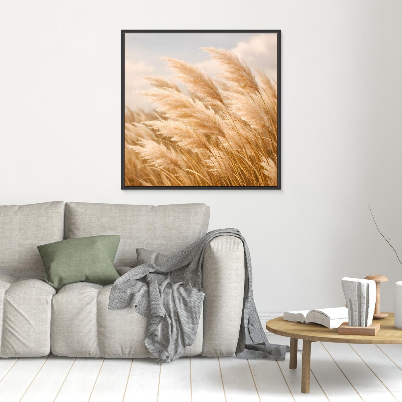 Quadratisches Leinwandbild mit wehendem Pampasgras, schwarz gerahmt