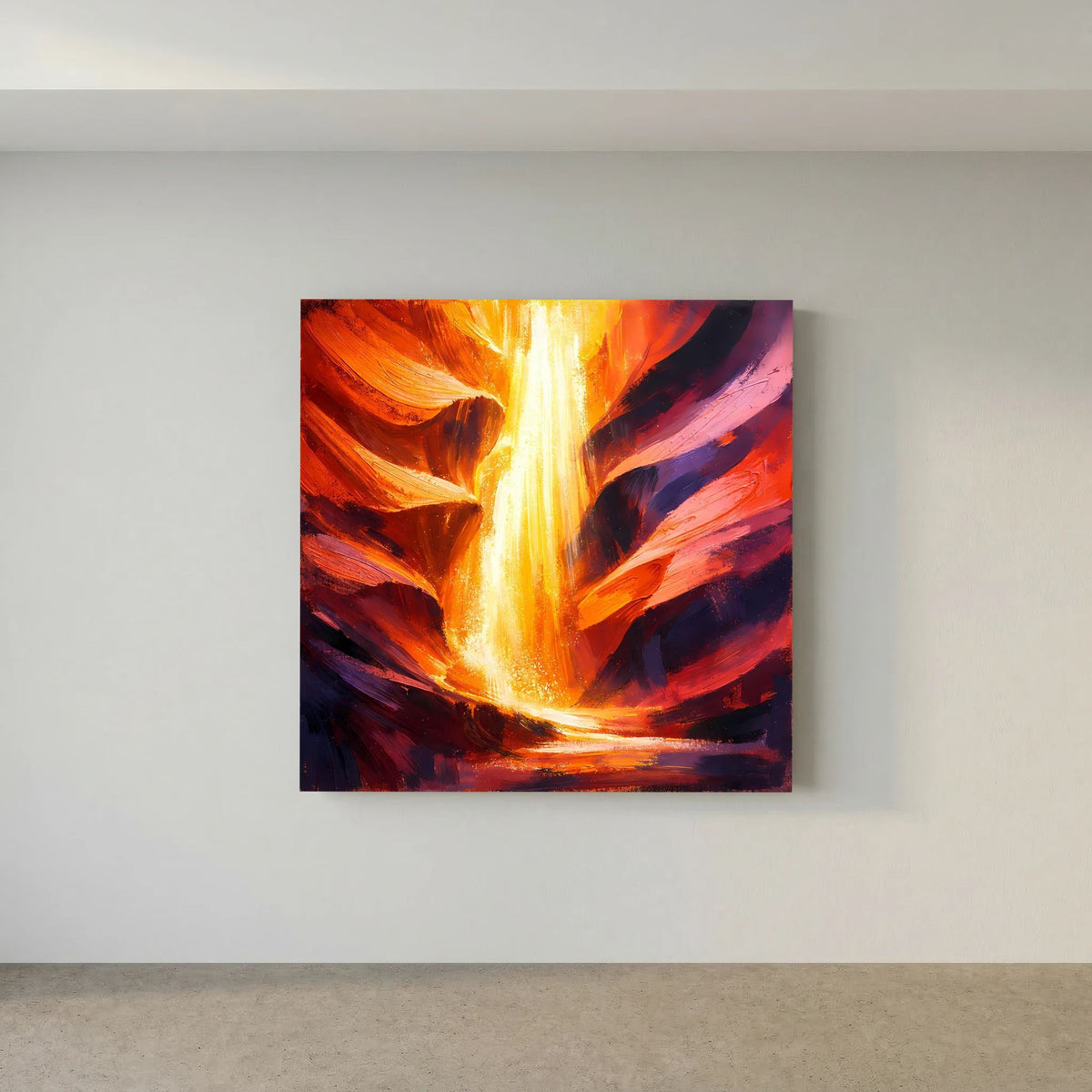 Abstraktes Leinwand-Wandbild mit vertikalem Lichtguss und kräftigen Rot-, Orange- und Blau-Tönen