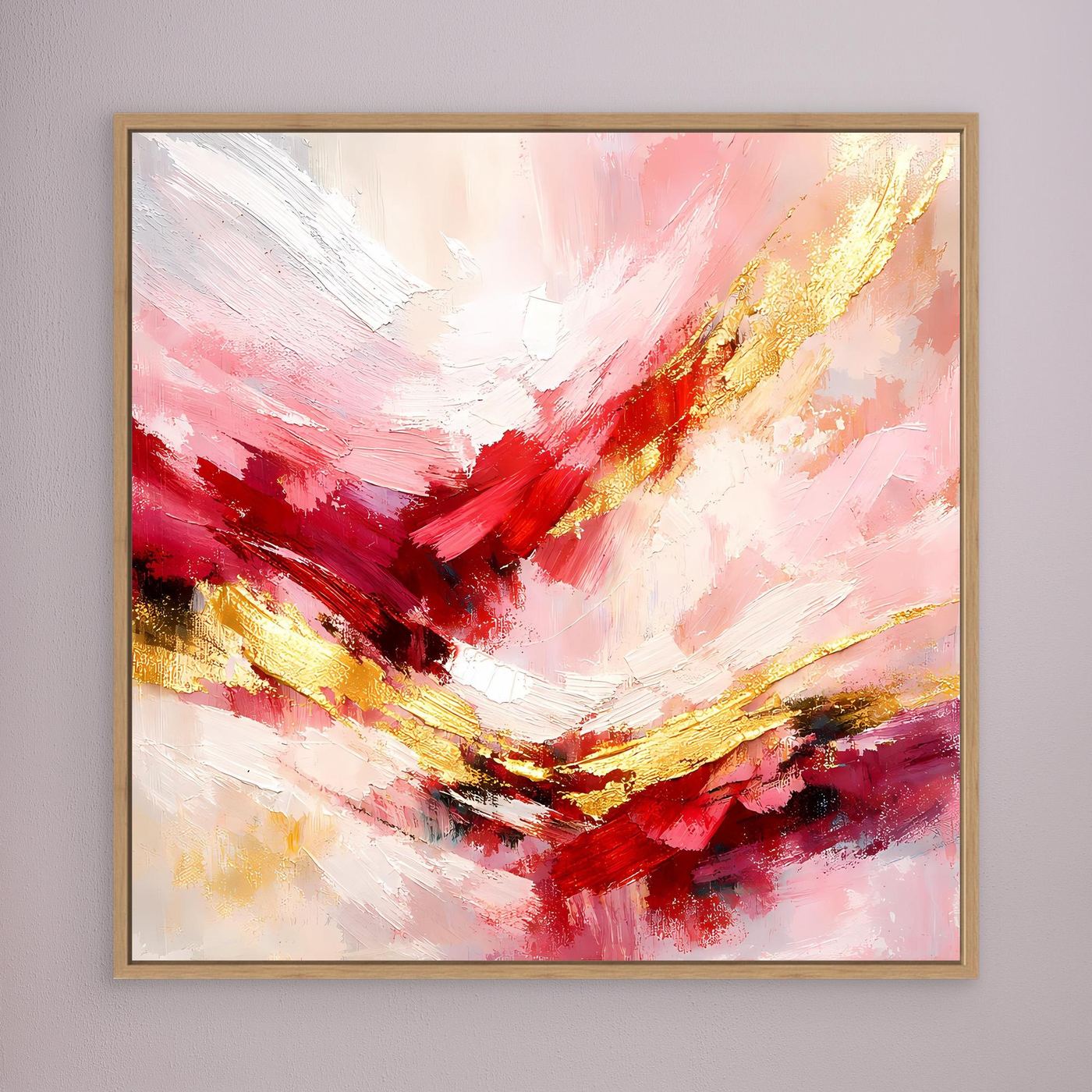Leinwandbild mit abstrakten Pinselstrichen in Rosé, Rot und Gold mit Holzrahmen