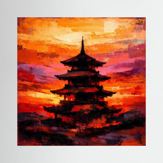 Leinwandbild mit japanischer Pagode, dunkler Silhouette vor warmen Orange-Pink Farbflächen