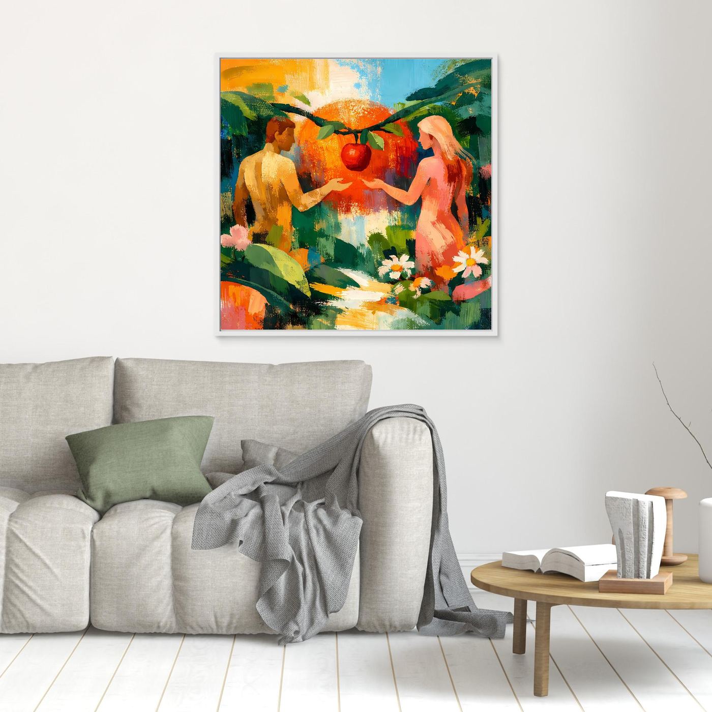 Small framed abstract Eden wall art with two nude figures and red fruit, greenery and flowers
