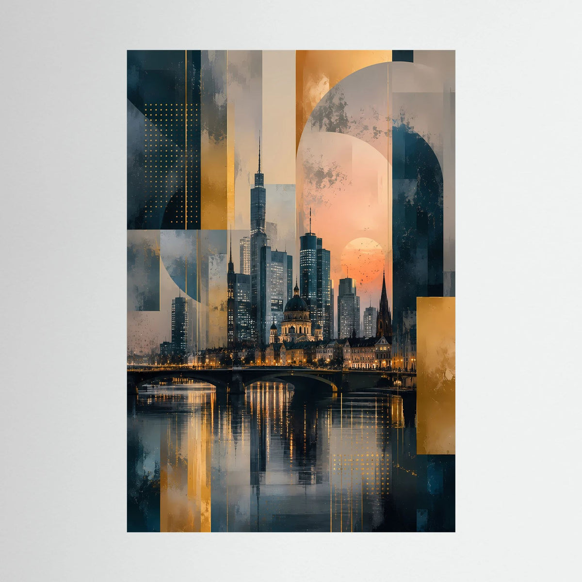 Poster mit abstrakter Skyline am Fluss in Gold- und Petroltönen, Hochformat