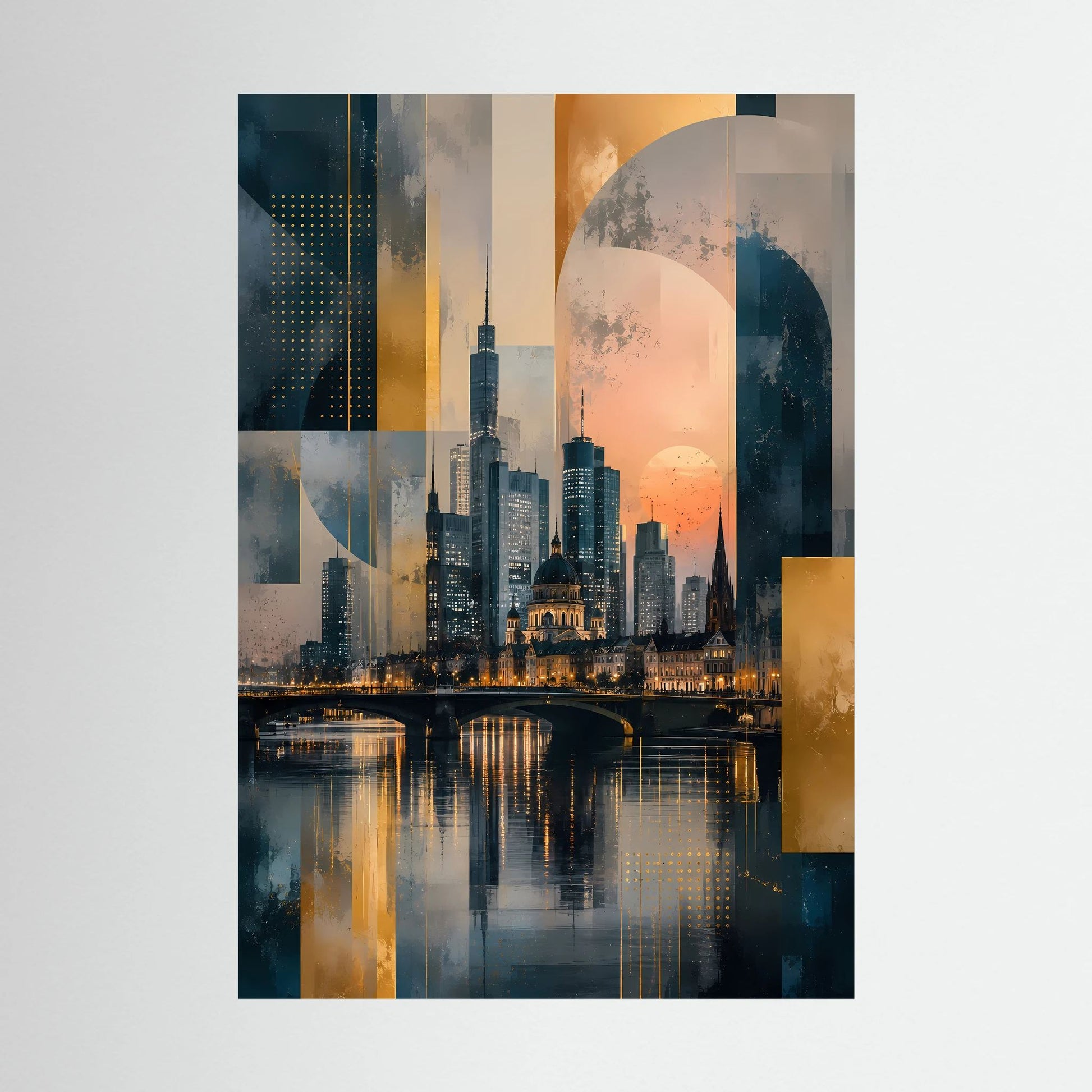 Poster mit abstrakter Skyline am Fluss in Gold- und Petroltönen, Hochformat