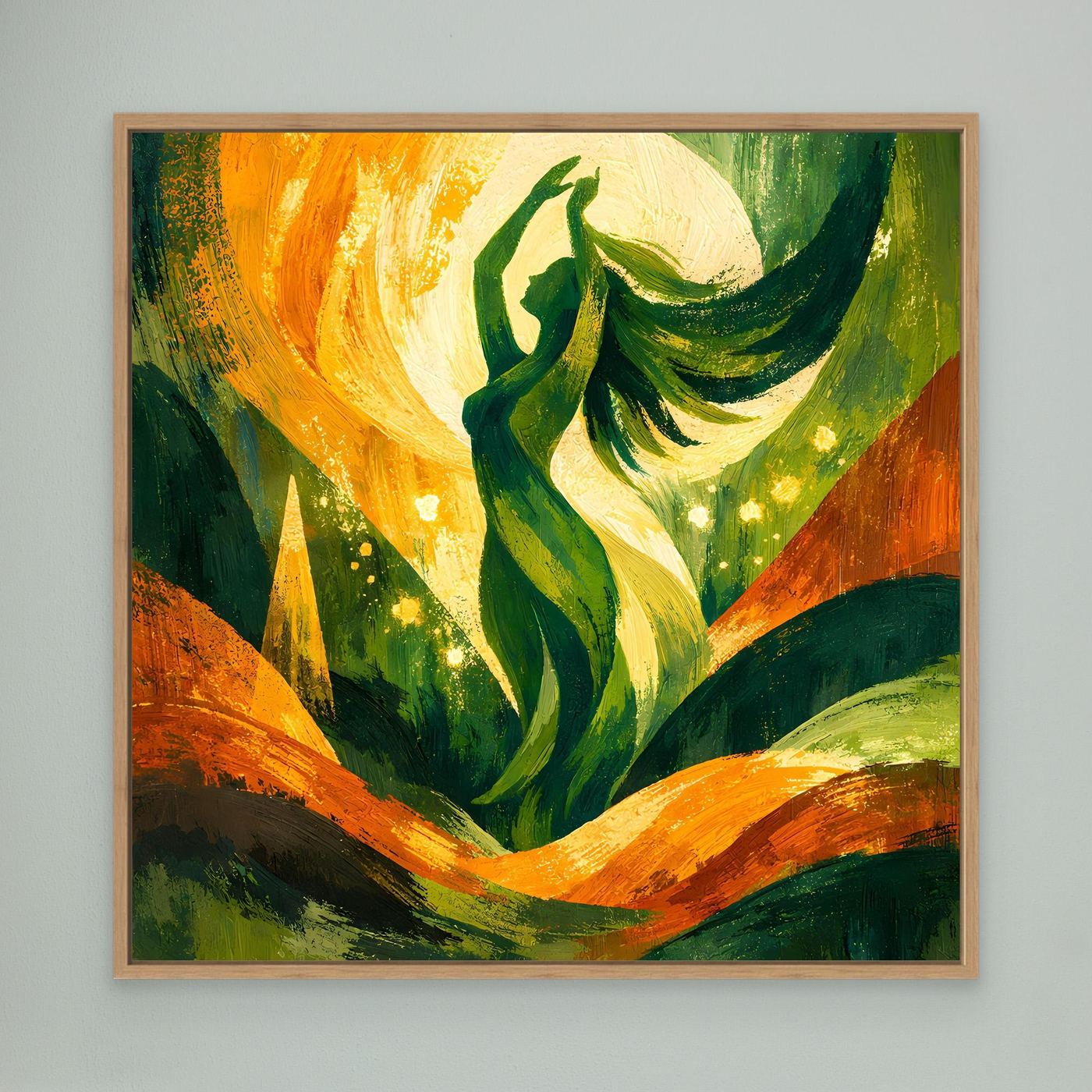Leinwand-Wandbild Natur-Göttin mit Eichenholzrahmen, grüne Figur und orange Lichtkranz
