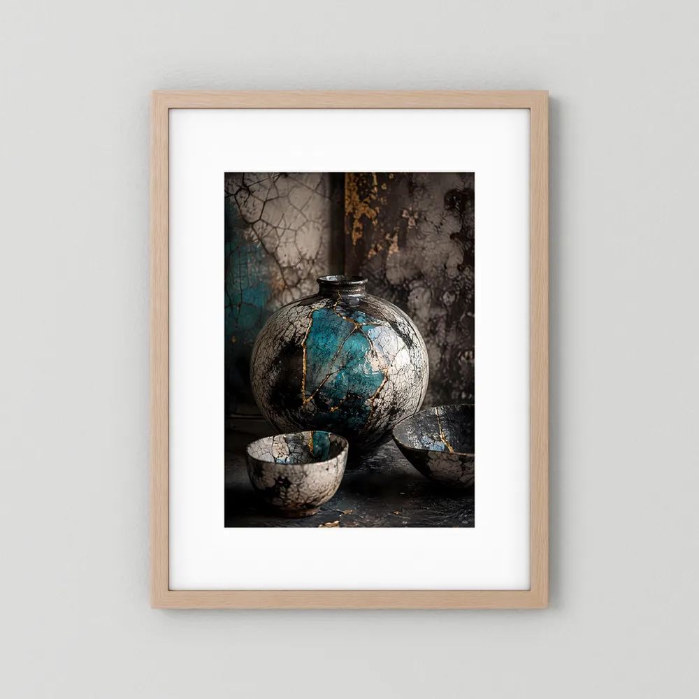 Eichefarbenes Poster im Hochformat mit weißem Rand: türkis-goldene Keramikvase