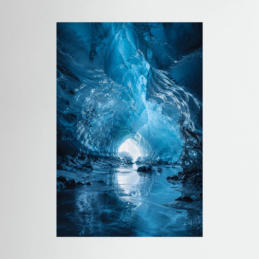 Hochformat-Poster mit leuchtender Eishöhle in Blau und reflektierendem Eisgang