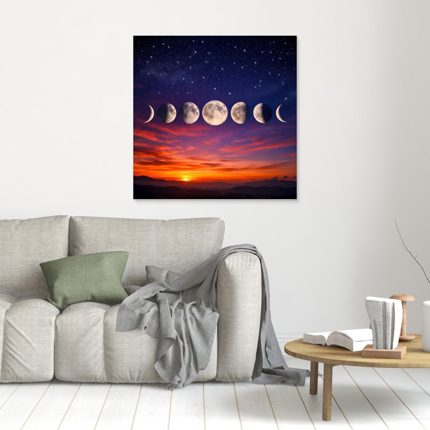 Leinwandbild mit Mondphasen über Sternenhimmel und Sonnenuntergang, kleines Wandformat
