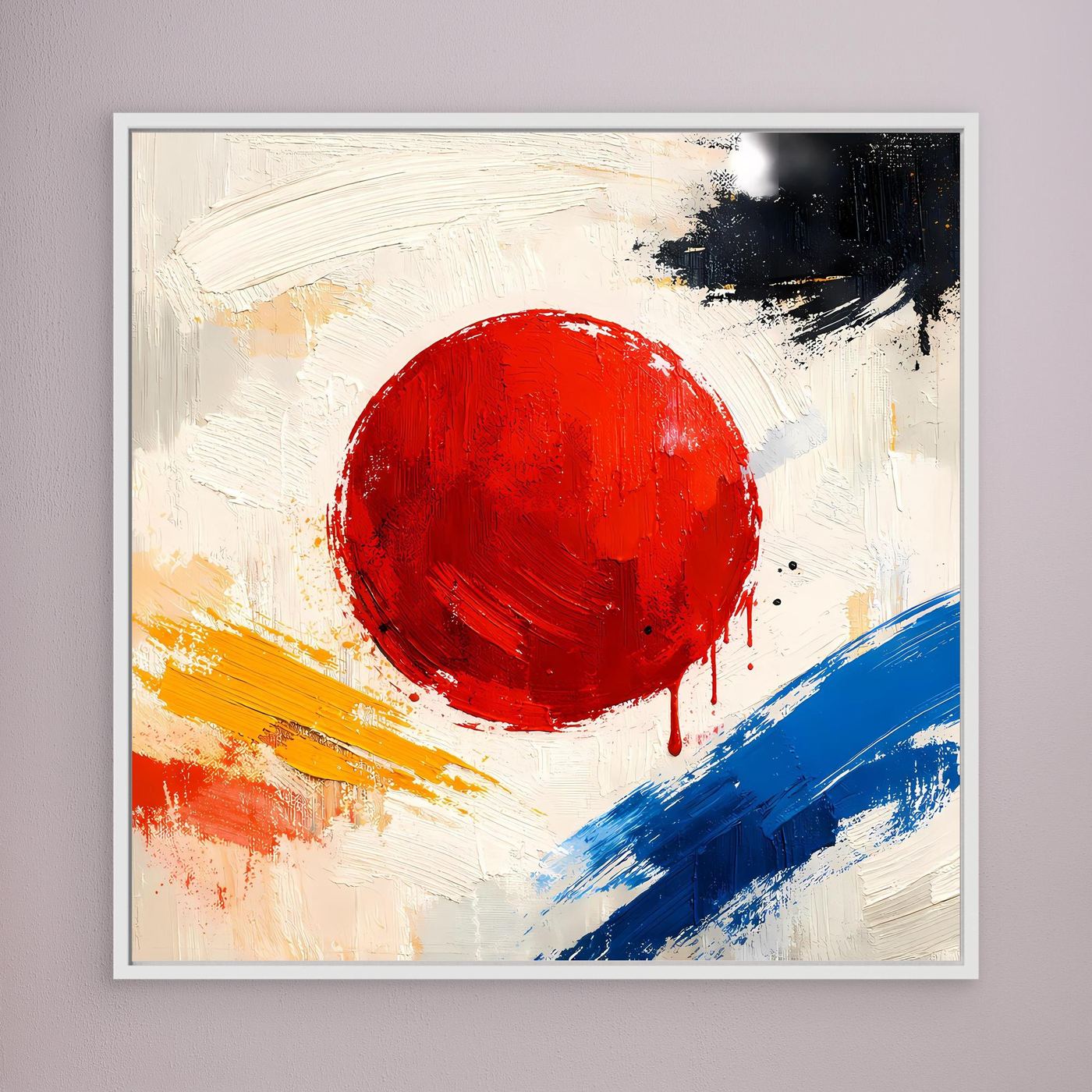 Abstract canvas wall art with red sun circle, blue and orange brush strokes, light frame.