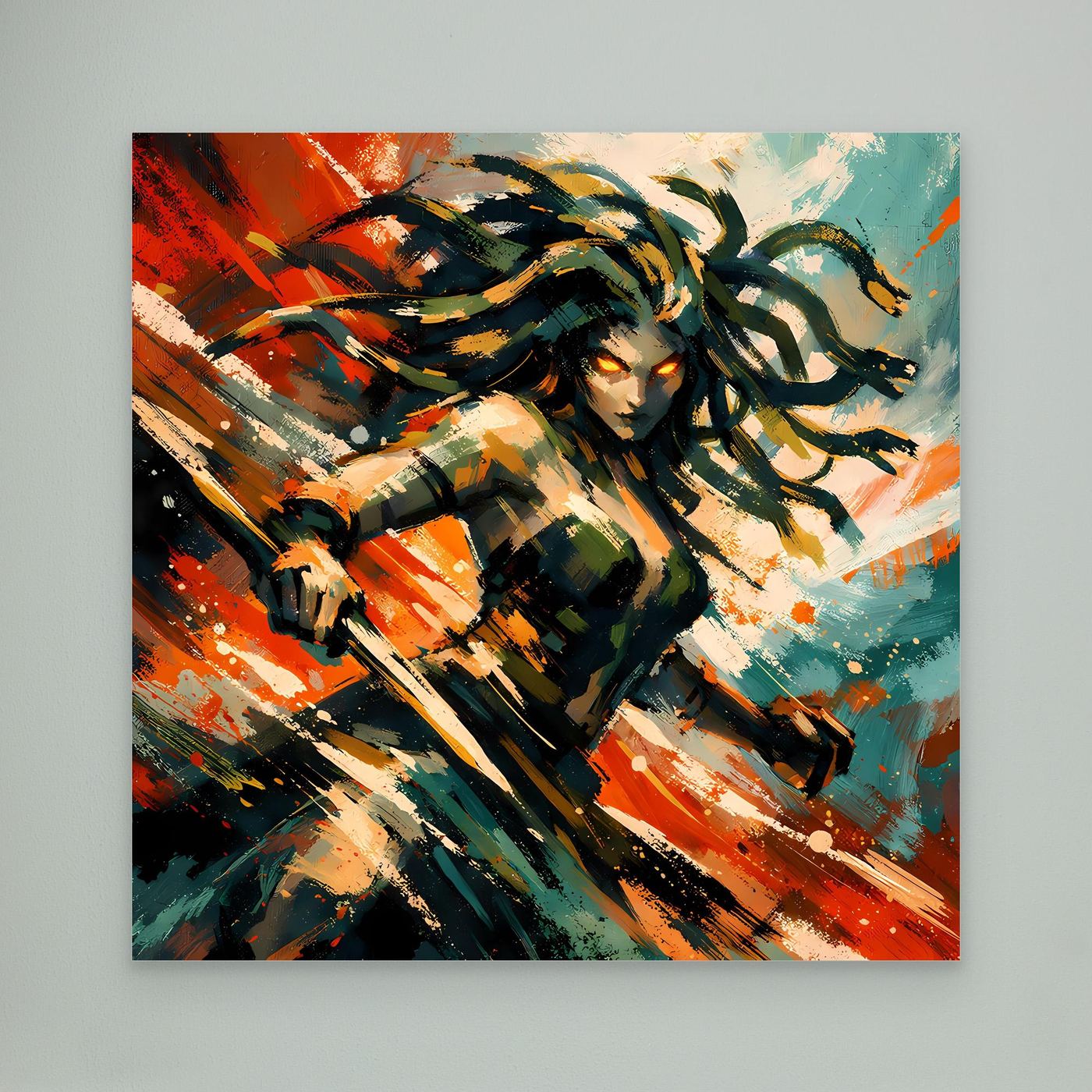 Leinwand Mythische Medusa im Action-Stil | Dynamisches Wandbild auf echter Leinwand