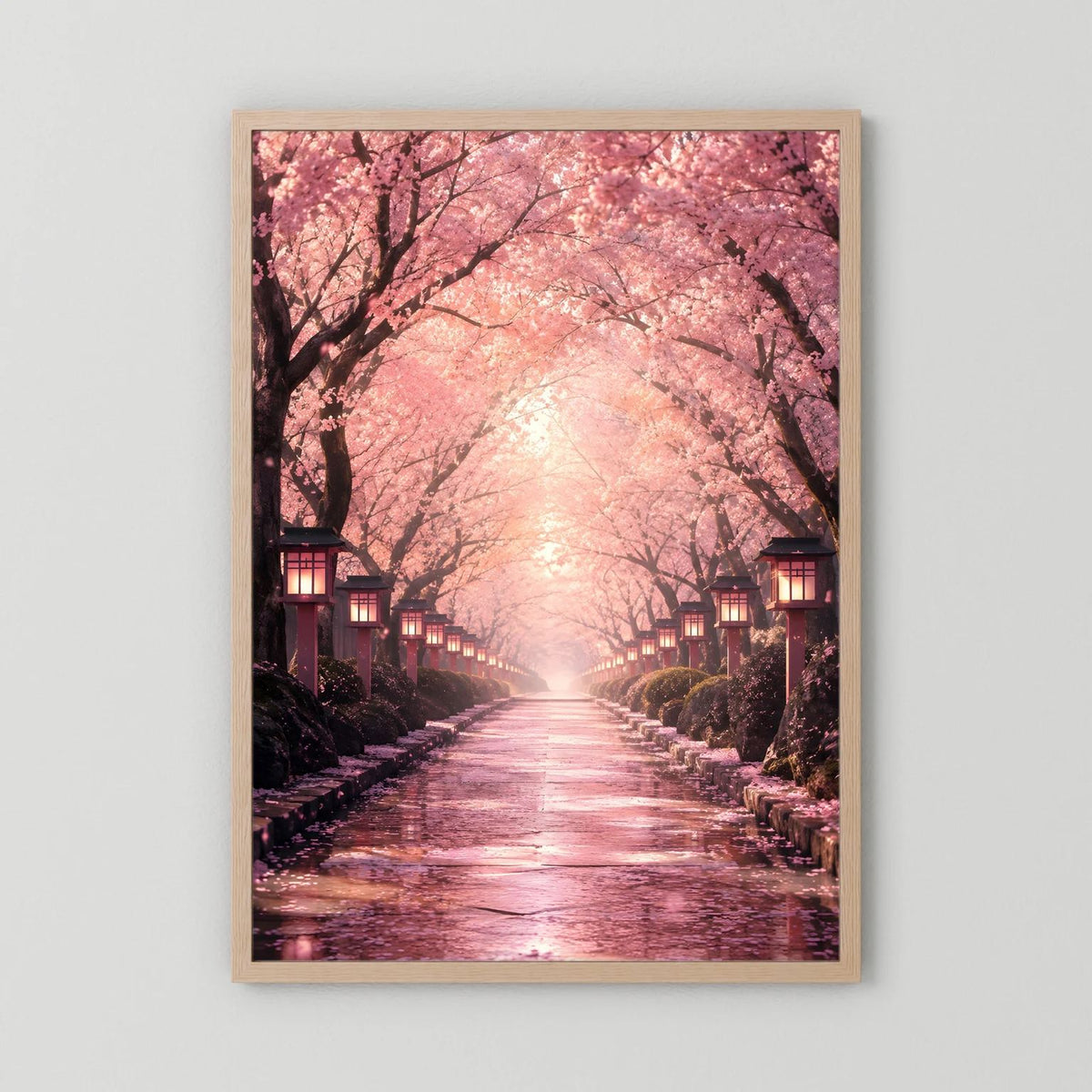 Hochformat-Wandposter mit Kirschblütenallee in Rosa, Holzrahmen hellbraun
