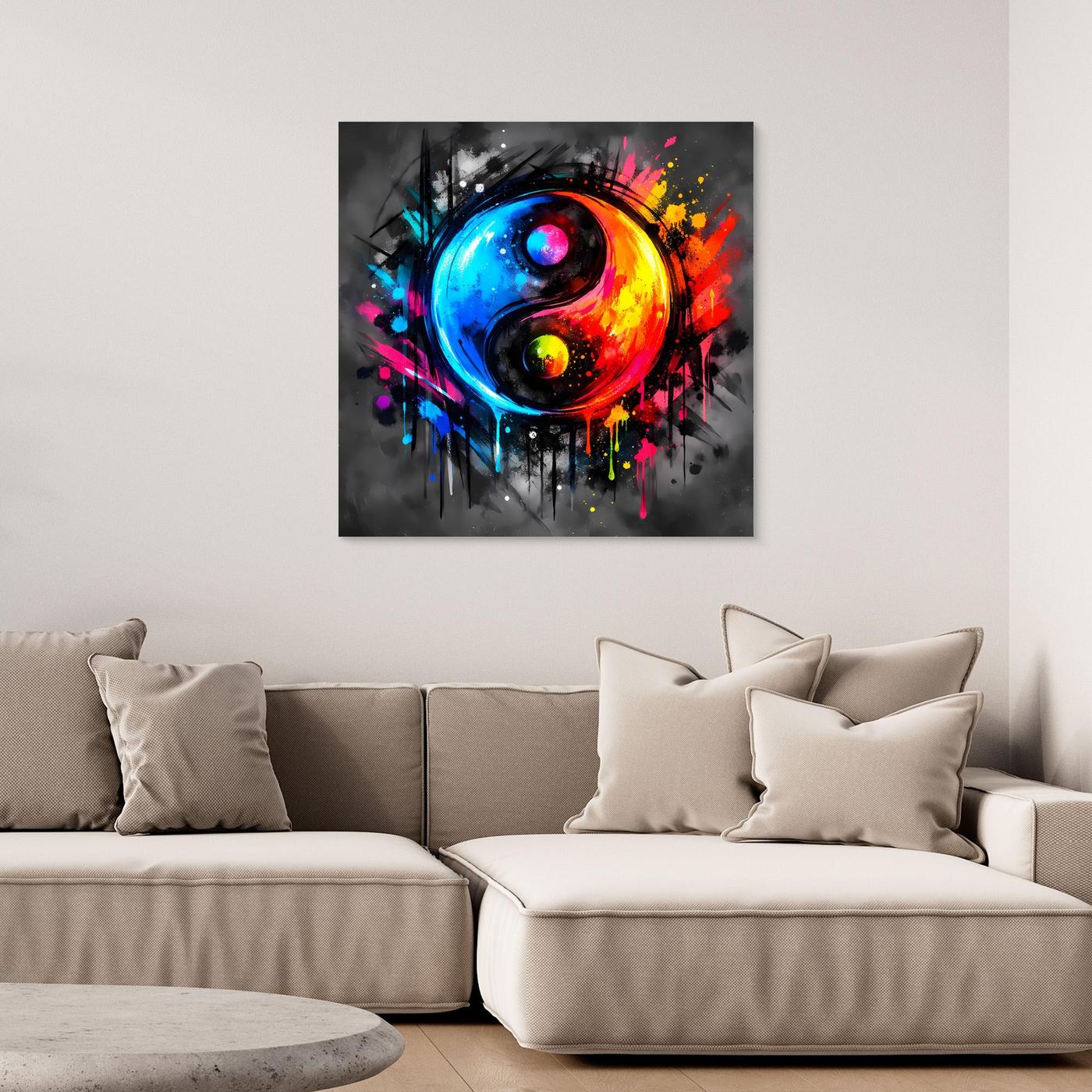 Leinwandbild Yin-Yang abstrakt, bunte Spritzfarbe auf dunklem Hintergrund, schwarzer Rahmen