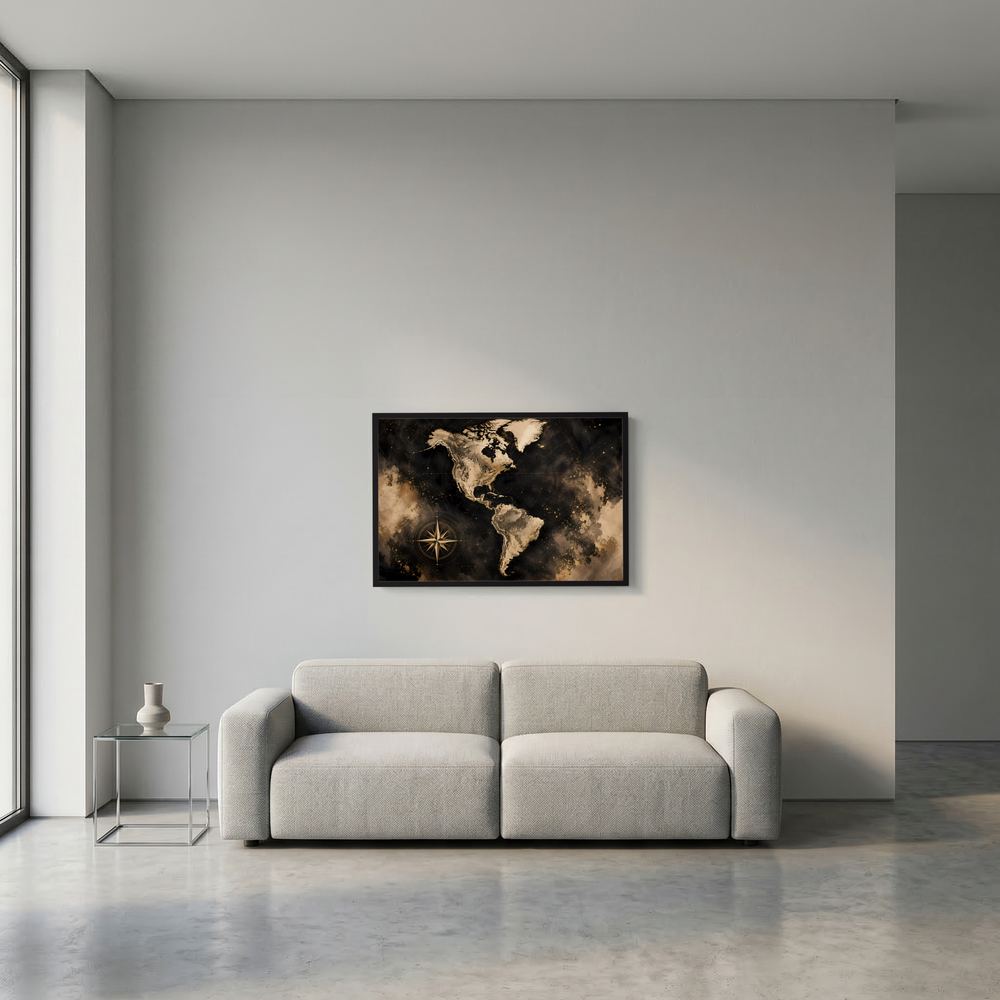 Wandposter Weltkarte Amerika mit Kompass in schwarz-gold, klein, querformat