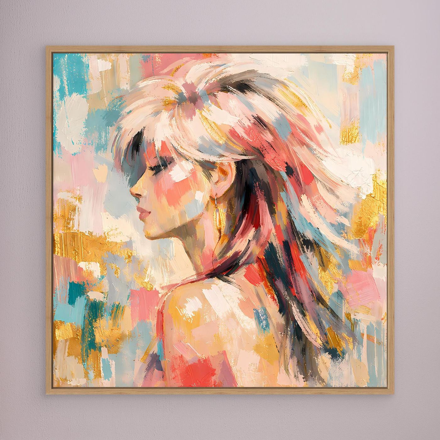 Leinwandbild mit abstraktem Frauenportrait, pastellfarben, braun gerahmt