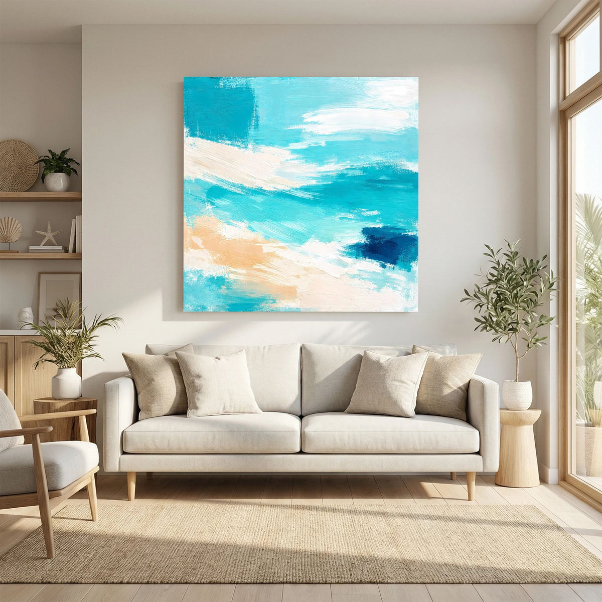 Quadratisches Leinwand-Wandbild mit gestreiften Pinselstrichen: Meeresrauschen in Blau und Türkis.
