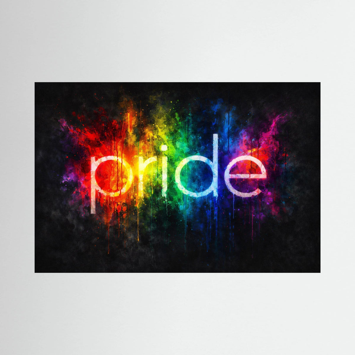 Wandbild mit Regenbogen-Spritzgrafik und „pride“-Schriftzug, schwarzer Rahmen