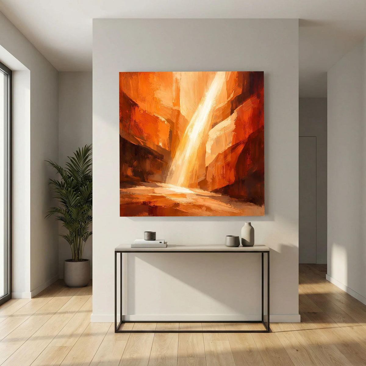 Gerahmtes Leinwandbild mit abstrahierten Canyonfelsen und hellem Lichtstrahl