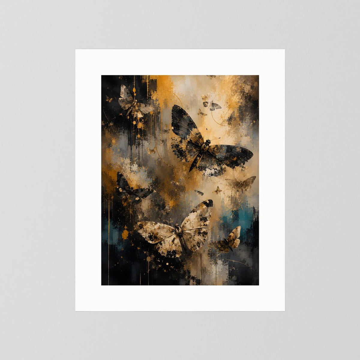 Wandbild mit abstrakten Schmetterlingen, weißer Passepartout-Rahmen, Schwarz-Gold-Blau