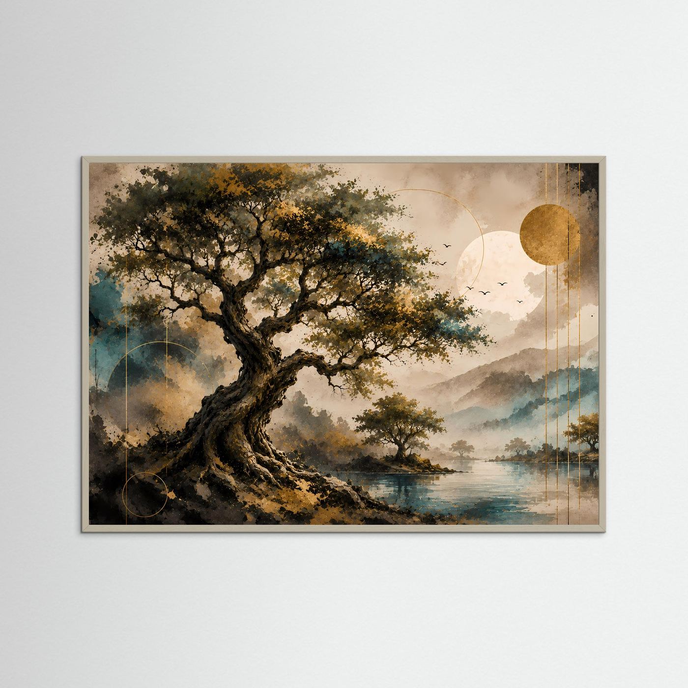 Querformat-Poster: großer Baum am Wasser in Gold und Petrol, grauer Rahmen.