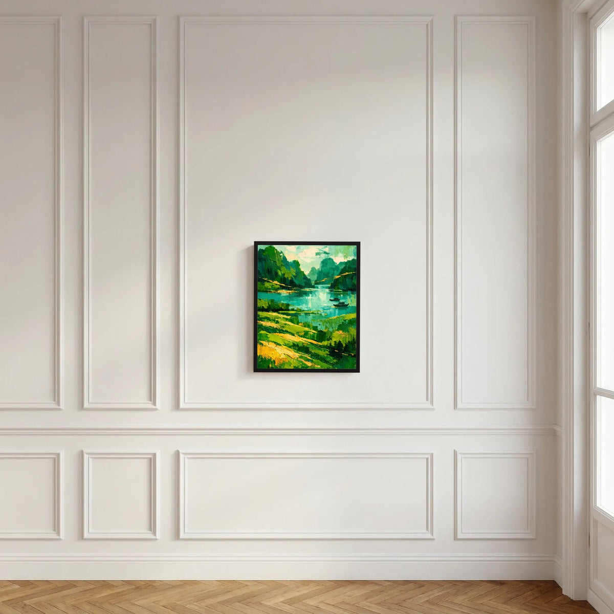 Abstraktes grünes Flusslandschaft-Poster mit Booten im schwarzen Rahmen an weißer Wand