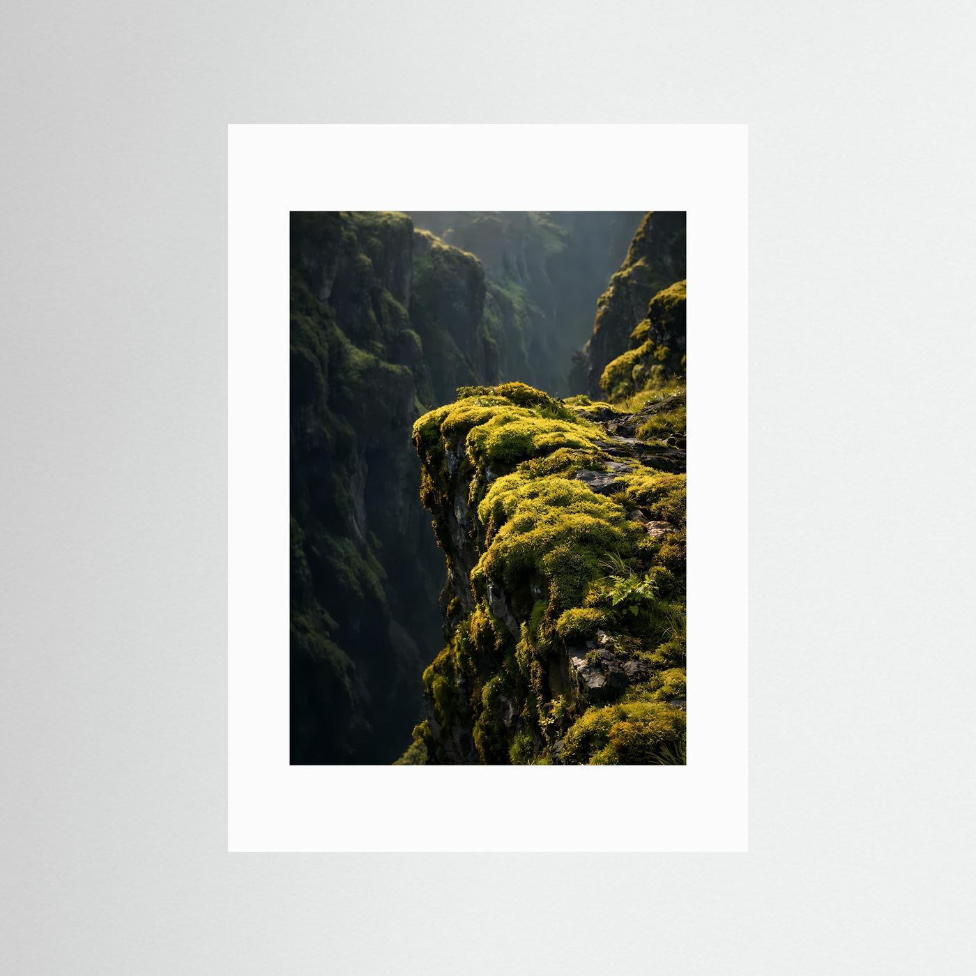 Poster im Hochformat mit weißem Passepartout; Schlucht mit moosbedeckten Felswänden