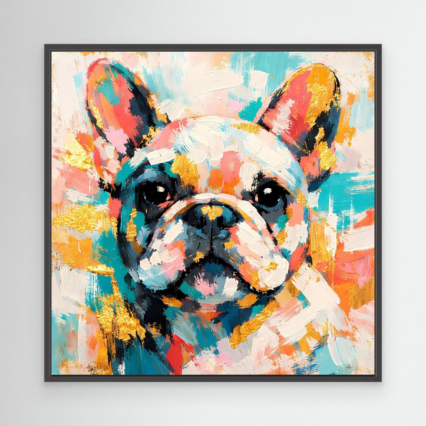 Leinwandbild mit abstrakter Französischer Bulldogge, buntes Porträt im schwarzen Rahmen