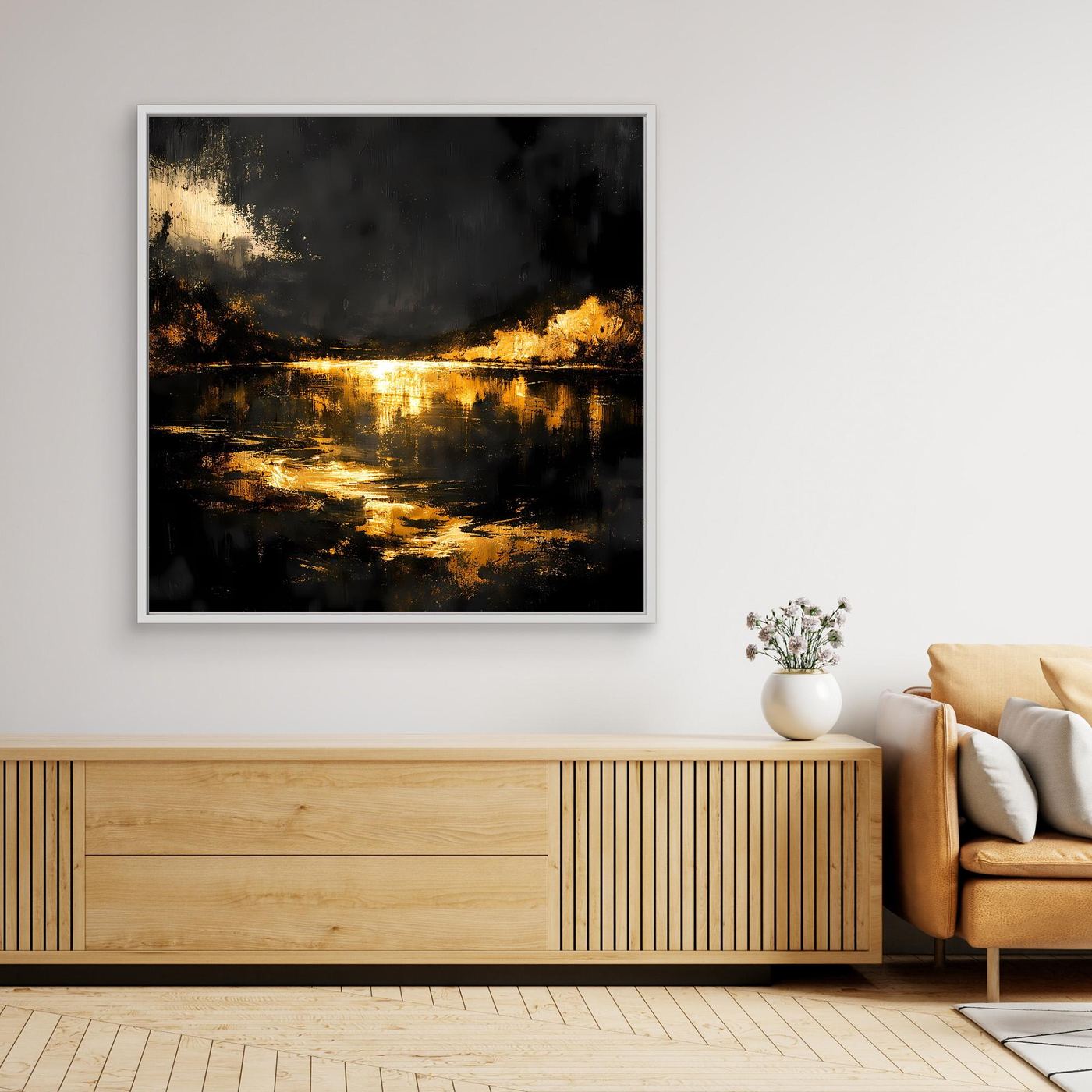Leinwand Goldene Flusslandschaft bei Nacht | Abstraktes Natur Wandbild Moderne Kunst