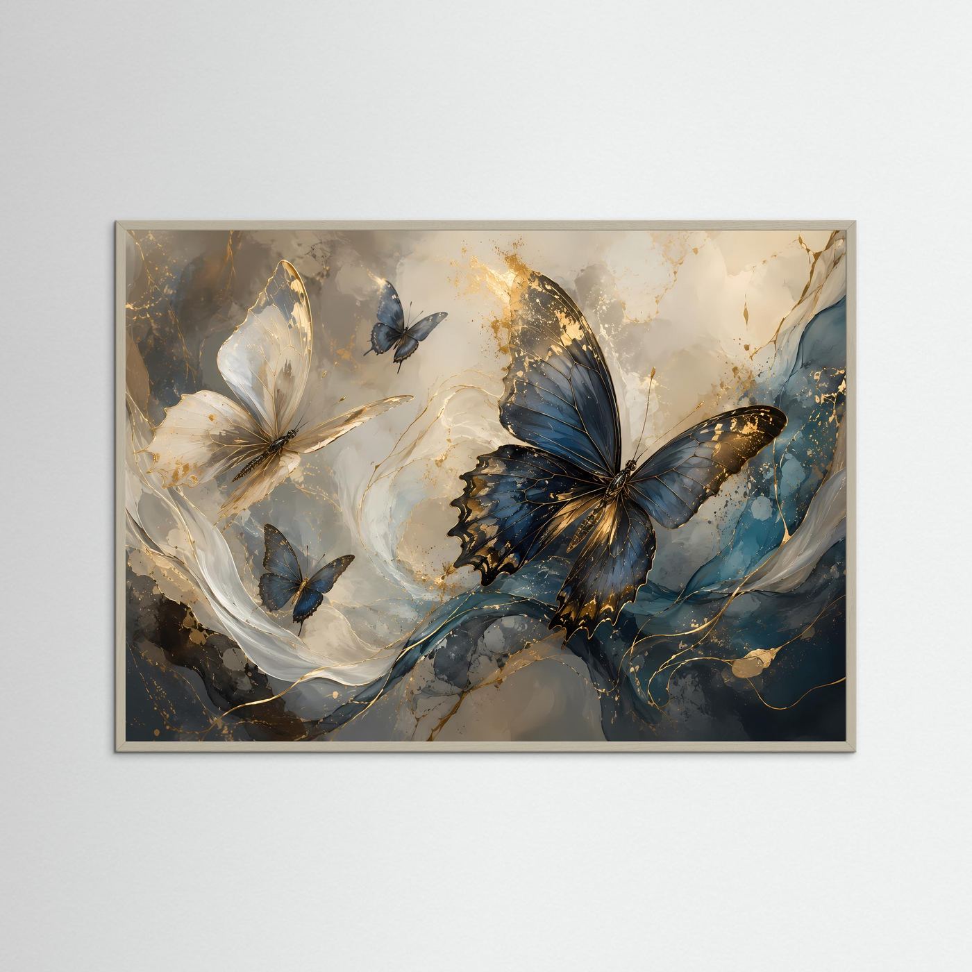 Schmetterlinge Gold Blau Poster | Abstrakte Fine Art Wandkunst | Elegantes Schmetterlingsbild | Luxuriöses Leinwandbild | Moderne Wanddekoration