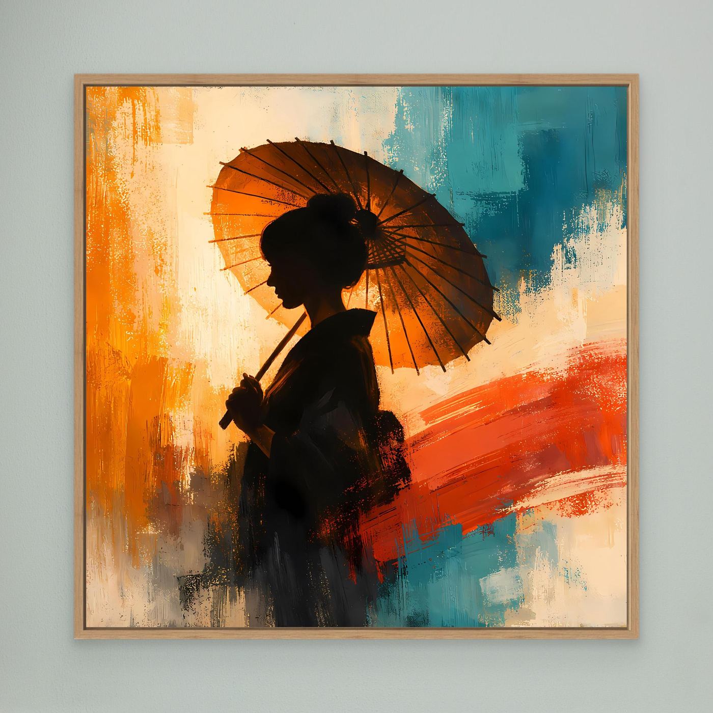 Leinwand Elegante Frau mit Sonnenschirm | Ästhetisches Japanisches Wandbild auf Keilrahmen
